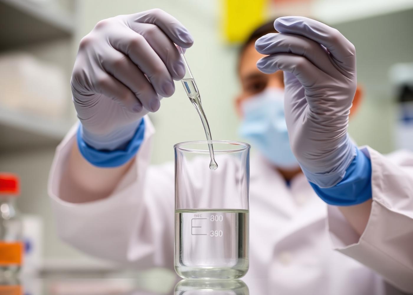 Scientist pipetting reagent into a beaker
